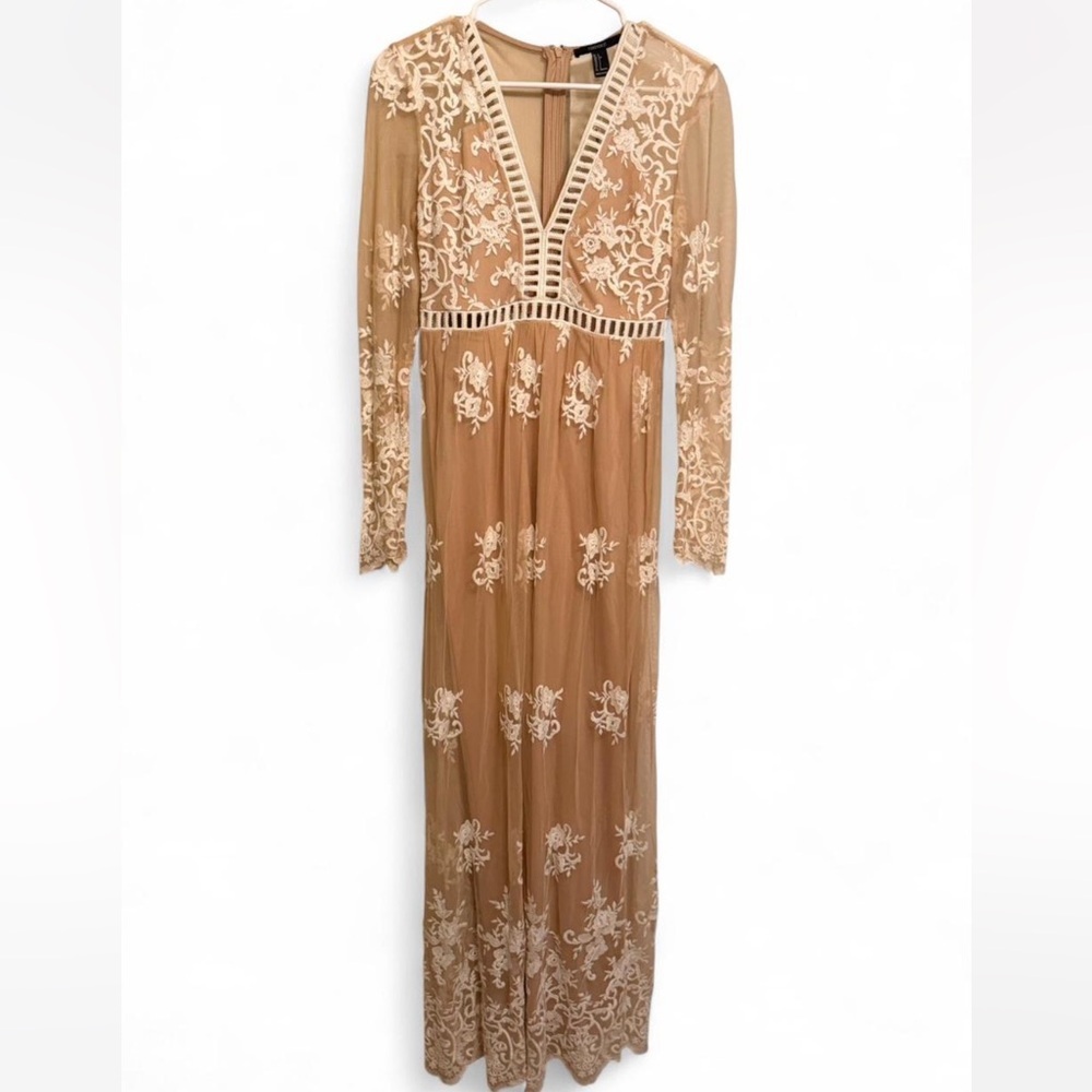 Forever 21 Tan Floral embroidered sheer Long Sleeve Dress
